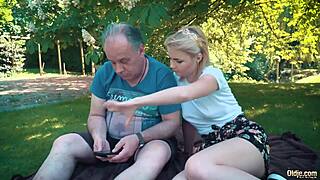 Petite Teen Fucked Hard by Grandpa at Outdoor Picnic. She Blows and Swallows His Load!