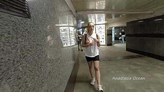 Bold babe flashes bare breasts riding a public bus